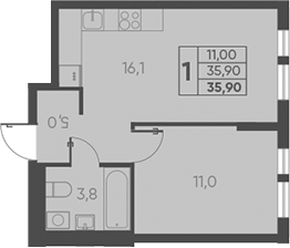 Планировка — Барса, 2-комн., 36 м²