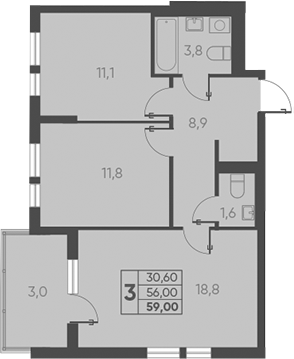 Планировка — Барса, 2-комн., 56 м²