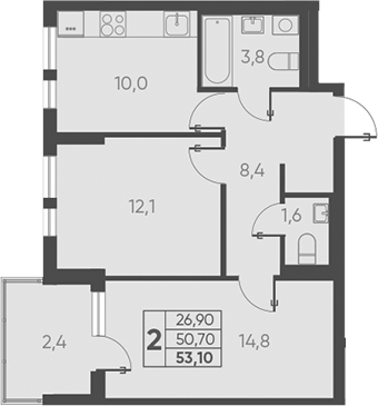 Планировка — Барса, 2-комн., 51 м²