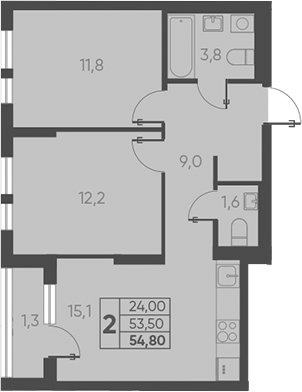Планировка — Барса, 2-комн., 54 м²