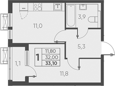 Планировка — Барса, 1-комн., 32 м²