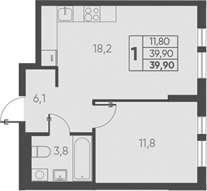 Планировка — Барса, 1-комн., 40 м²
