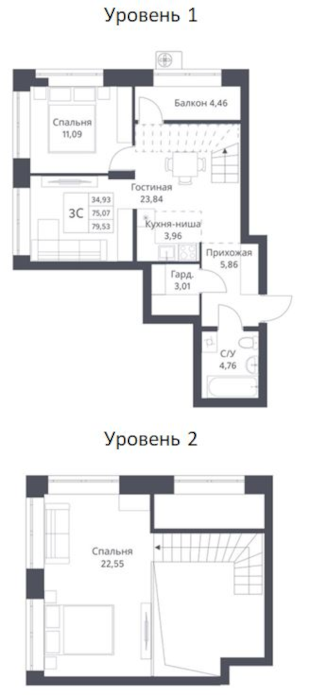 Планировка — Фора, 2-комн., 75 м²
