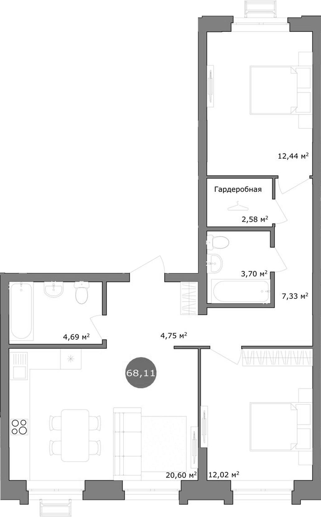 Планировка — 19/56 Кварталы Телецентра, 3-комн., 68 м²