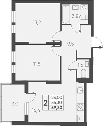 Планировка — Барса, 2-комн., 56 м²