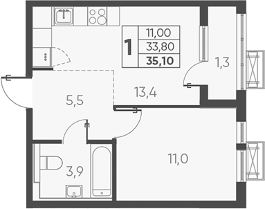 Планировка — Барса, 1-комн., 34 м²