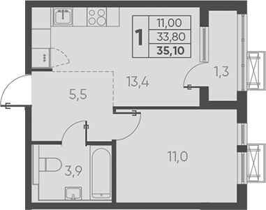 Планировка — Барса, 1-комн., 34 м²