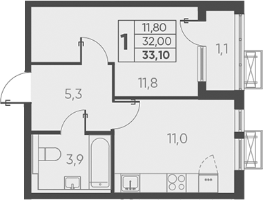 Планировка — Барса, 1-комн., 32 м²
