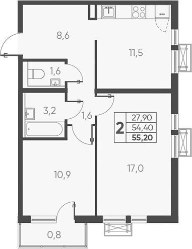 Планировка — Барса, 2-комн., 54 м²