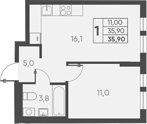 Планировка — Барса, 1-комн., 36 м²