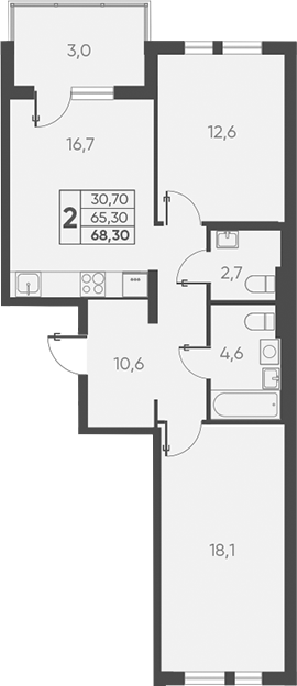 Планировка — Барса, 2-комн., 65 м²
