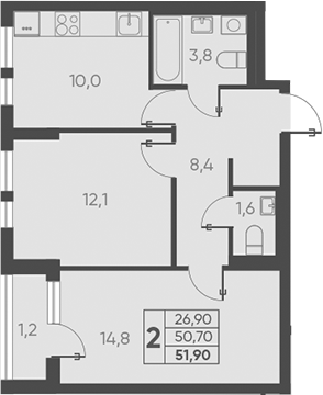 Планировка — Барса, 2-комн., 51 м²