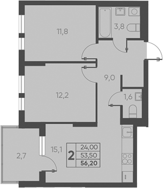Планировка — Барса, 2-комн., 54 м²
