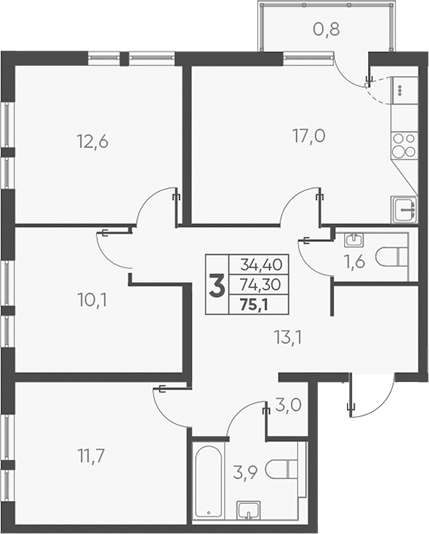 Планировка — Барса, 3-комн., 74 м²