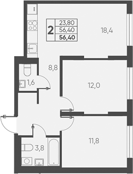 Планировка — Барса, 2-комн., 56 м²