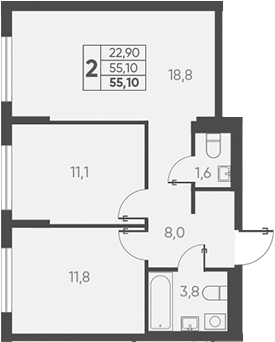 Планировка — Барса, 2-комн., 55 м²