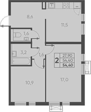 Планировка — Барса, 2-комн., 54 м²