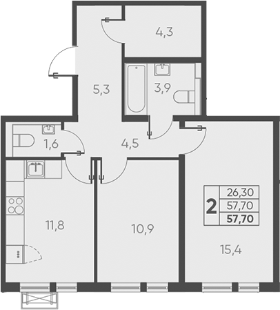 Планировка — Барса, 2-комн., 58 м²