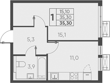 Планировка — Барса, 1-комн., 35 м²