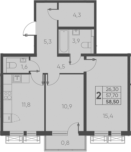 Планировка — Барса, 2-комн., 58 м²