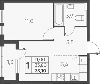 Планировка — Барса, 1-комн., 34 м²
