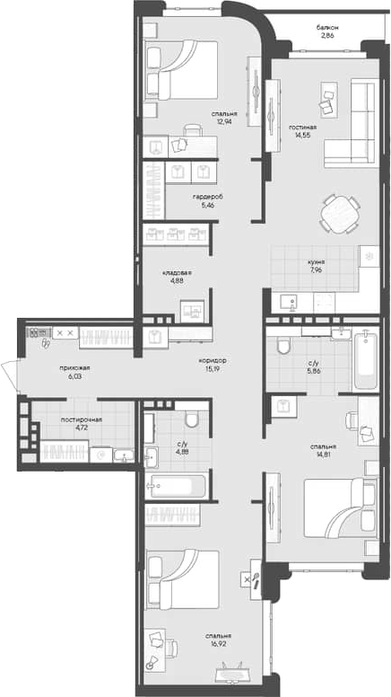 Планировка — Новый Кедровый, 3-комн., 114 м²
