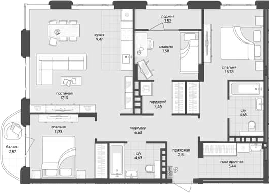 Планировка — Новый Кедровый, 3-комн., 89 м²