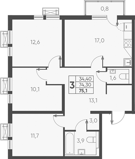 Планировка — Барса, 3-комн., 74 м²