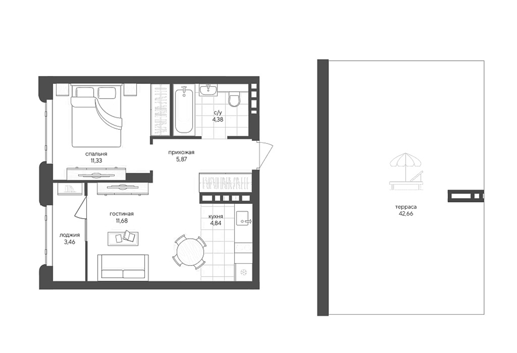Планировка — Новый Кедровый, 1-комн., 38 м²