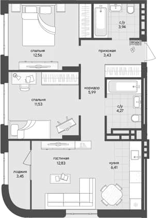 Планировка — Новый Кедровый, 2-комн., 61 м²