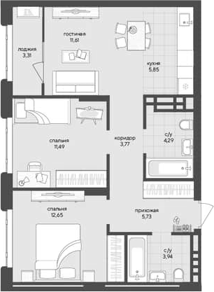 Планировка — Новый Кедровый, 2-комн., 59 м²