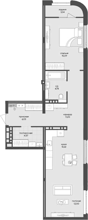 Планировка — Новый Кедровый, 1-комн., 68 м²