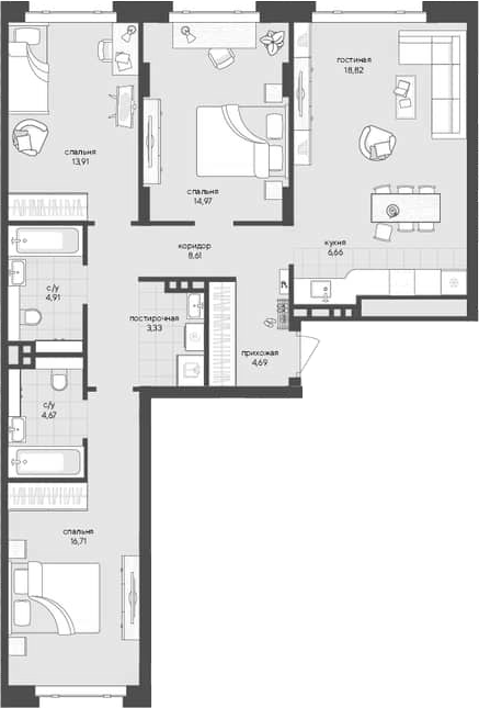 Планировка — Новый Кедровый, 3-комн., 97 м²