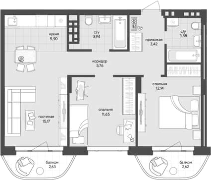 Планировка — Новый Кедровый, 2-комн., 62 м²