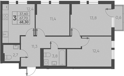Планировка — Барса, 3-комн., 68 м²