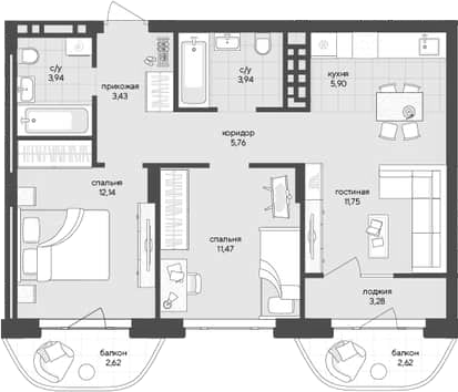 Планировка — Новый Кедровый, 2-комн., 58 м²