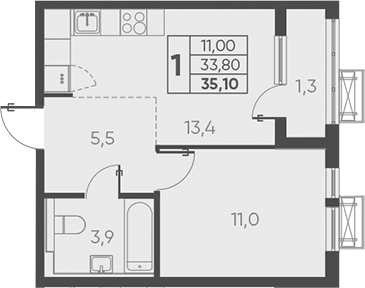 Планировка — Барса, 1-комн., 34 м²
