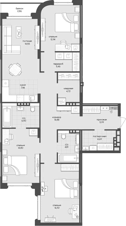 Планировка — Новый Кедровый, 3-комн., 114 м²
