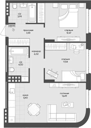 Планировка — Новый Кедровый, 2-комн., 65 м²