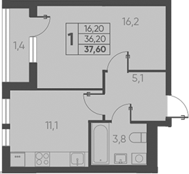 Планировка — Барса, 1-комн., 36 м²