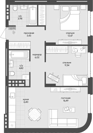 Планировка — Новый Кедровый, 2-комн., 65 м²