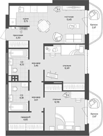 Планировка — Новый Кедровый, 2-комн., 68 м²
