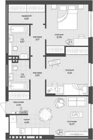 Планировка — Новый Кедровый, 2-комн., 68 м²