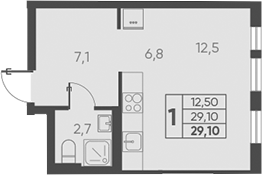 Планировка — Барса, Студия, 29 м²