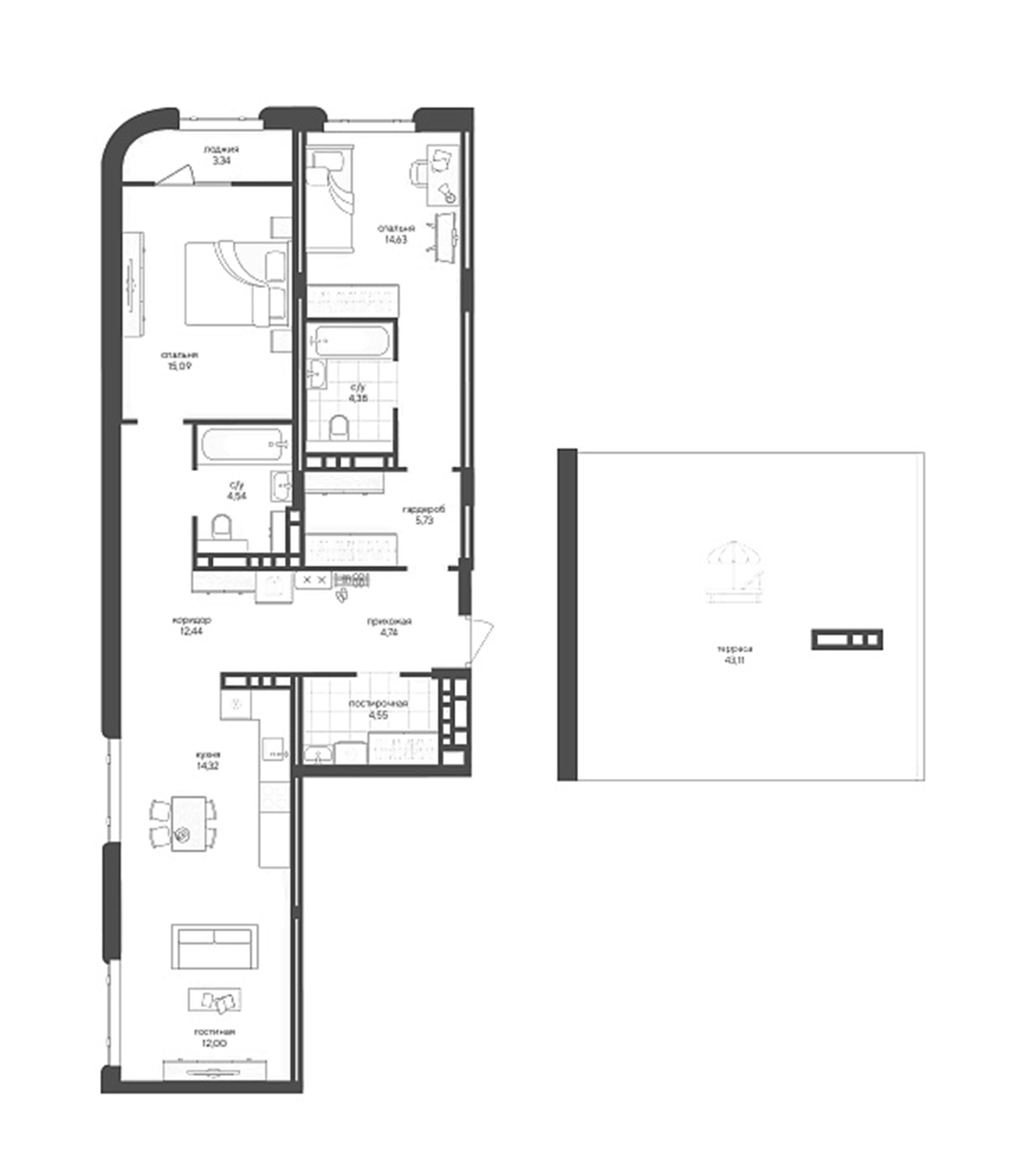 Планировка — Новый Кедровый, 2-комн., 92 м²