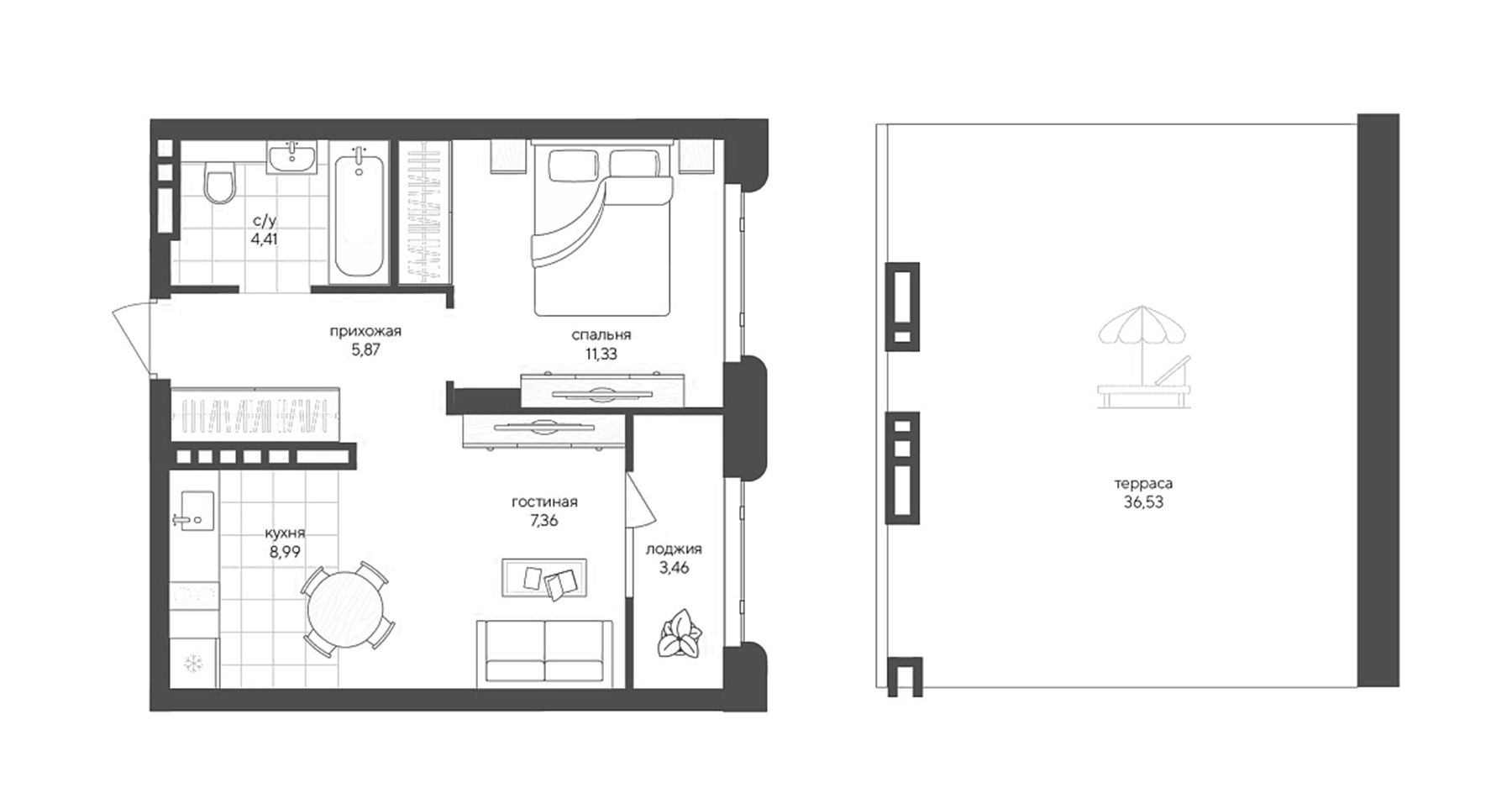 Планировка — Новый Кедровый, 1-комн., 38 м²