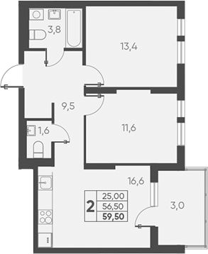 Планировка — Барса, 2-комн., 57 м²