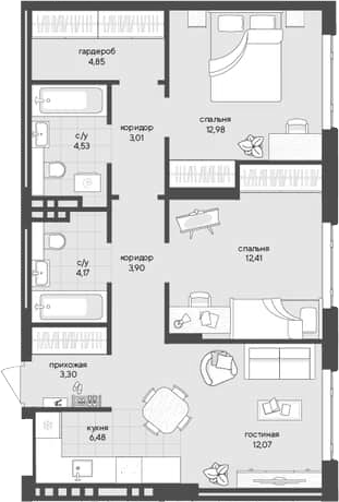 Планировка — Новый Кедровый, 2-комн., 68 м²