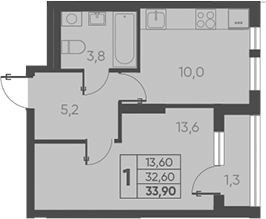 Планировка — Барса, 1-комн., 33 м²