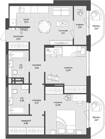 Планировка — Новый Кедровый, 2-комн., 64 м²